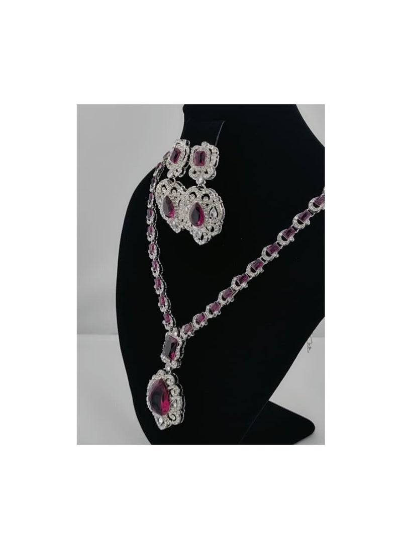 NATHNI Burgundy Red with Silver-Tone Necklace &Earrings American stone - Image 3